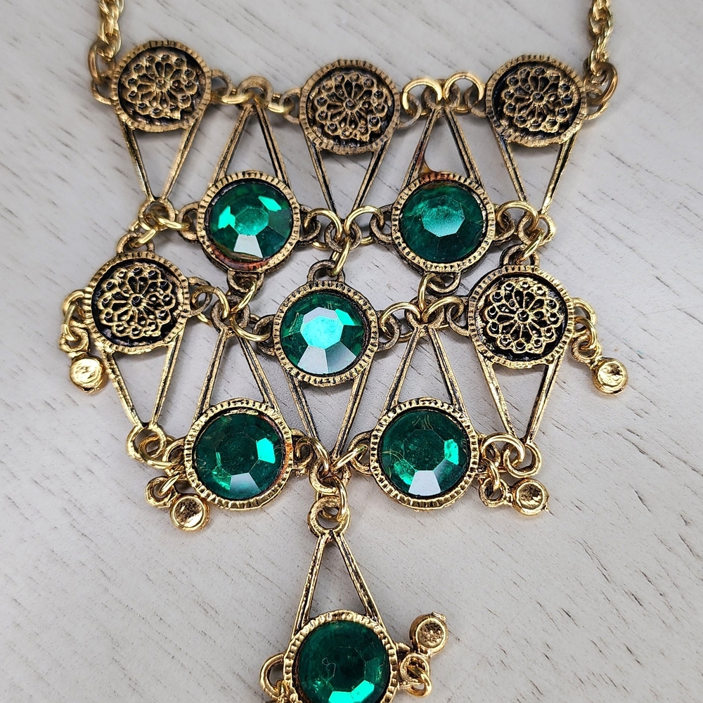 Vtg French Green Jewel Revival Necklace Tiered Filigree Signed DLH Depose set
